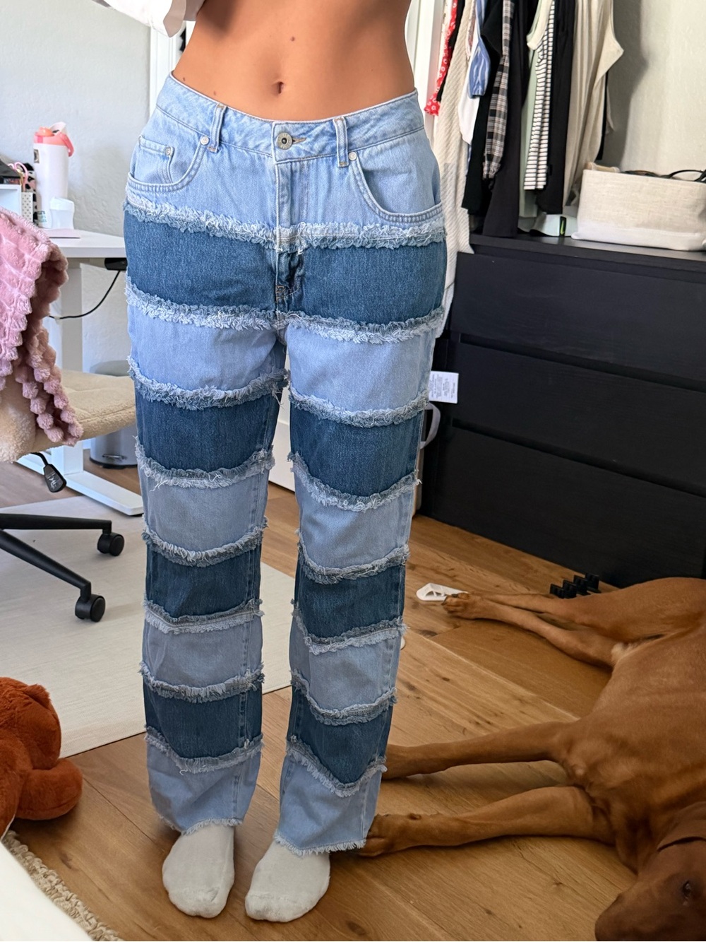 High-Waist Patchwork Stripe Jeans in Light & Dark Blue